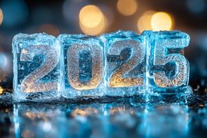 Ice cubes showing 2025 with melting effect and bokeh lights in background photo