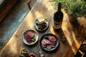 Wine, cheese, and charcuterie on rustic wooden table creating cozy atmosphere photo