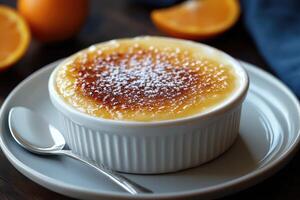 Delicious creamy dessert served on a plate with a spoon and orange slices photo