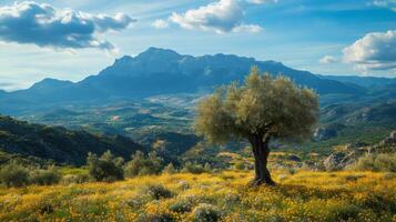 Olive tree growing in field of yellow flowers with mountains in background photo