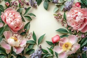 Floral frame composition featuring peonies, lilacs, and lush green leaves on a beige backdrop photo