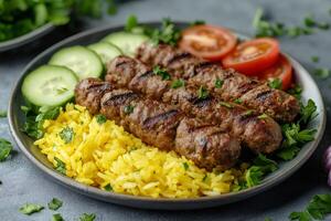 Grilled kofta kebabs with saffron rice and fresh vegetables, a middle eastern culinary delight photo