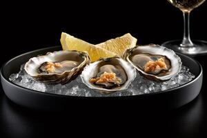 Fresh oysters with lemon and mignonette sauce resting on ice in a black bowl photo