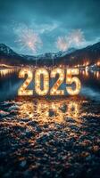 2025 new year's eve celebration with fireworks exploding over a snowy mountain lake photo