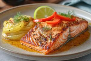 Grilled salmon fillet with roasted fennel and red bell pepper, garnished with fresh dill and lime photo