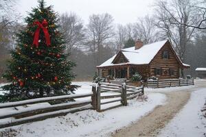 Log cabin covered in snow with christmas tree and decorations during a snowfall photo