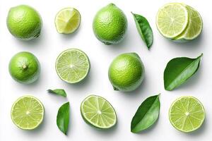 Fresh limes and leaves creating a vibrant citrus pattern on white background photo