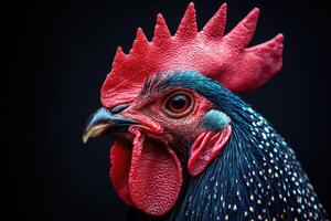 Portrait of a rooster showing colorful plumage and comb on black background photo