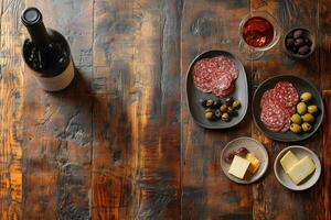Wine, salami, cheese and olives creating delicious mediterranean appetizer on rustic wooden table photo