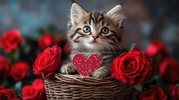 Cute kitten holding red heart with red roses in basket, valentine's day concept photo