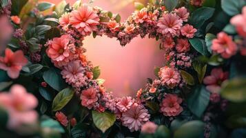 Pink roses forming heart shape on pink background for valentine's day photo