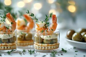 Delicious shrimp appetizers served in small glass cups with crackers, olives and cheese cream for christmas dinner photo