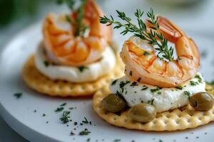 Delicious shrimp appetizer with cream cheese, capers, and rosemary on cracker photo