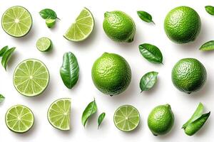 Fresh limes and leaves creating a vibrant green pattern on white background photo