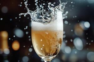 Overflowing champagne glass with bubbles and foam creating splash on blurred background photo