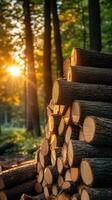 Stack of logs illuminating by golden hour sunlight in forest photo