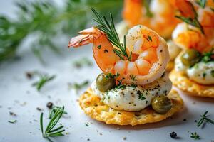 Delicious shrimp appetizer with cream cheese, capers, and rosemary on cracker photo