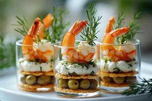 Delicious shrimp appetizers served in small glass cups with crackers, olives and cheese cream for christmas dinner photo