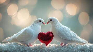 Two white doves sharing love and showing affection with red heart photo