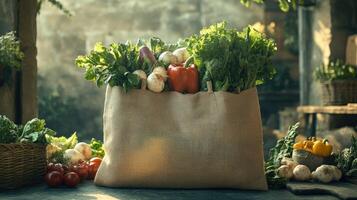 Burlap shopping bag overflowing with fresh vegetables from the farmer's market photo