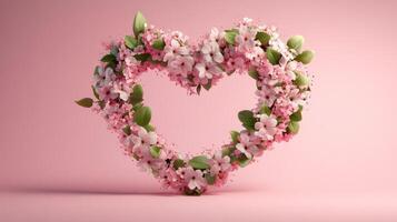 Pink flowers forming a heart shape on pink background photo