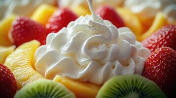 Whipped cream being poured over fresh fruit salad close-up photo