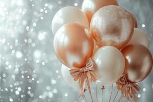 Bunch of peach and ivory balloons with glitter bow on silver bokeh background photo