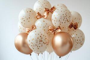 Bunch of peach and ivory balloons with glitter bow on silver bokeh background photo