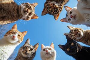 Curious cats forming a circle and looking up at the sky photo