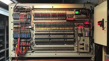 Complex electrical panel showing numerous wires, relays, and indicators in a data center photo