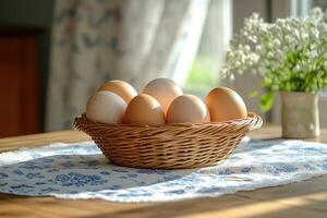 Fresh eggs resting in a rustic basket on a table photo