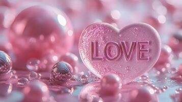 Pink heart showing love symbol surrounded by water droplets and blurred background photo