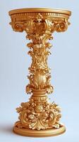 Golden pedestal with baroque decoration standing on light background photo