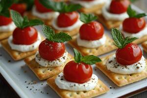 Cherry tomatoes and mint leaves topping cream cheese spread on crackers photo