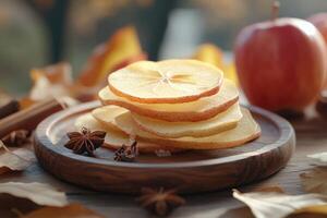 Delicious dried apple slices with fresh apples, cinnamon, and star anise on wooden plate by autumn window photo