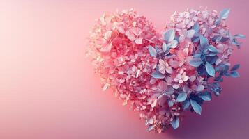 Pink and blue flowers forming a beautiful heart shape on pink background photo