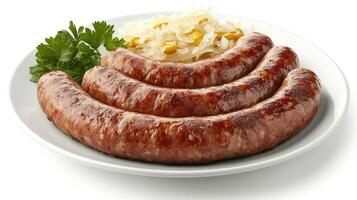 Grilled sausages with sauerkraut and mustard on white plate with parsley photo