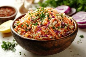 Coleslaw salad with cabbage, carrot, red cabbage and mayonnaise dressing in wooden bowl photo