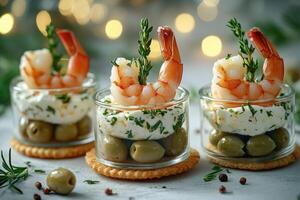 Delicious shrimp appetizers served in small glass cups with crackers, olives and cheese cream for christmas dinner photo