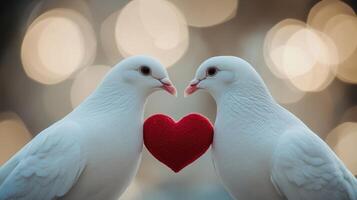 Two white doves sharing love and showing affection with red heart photo