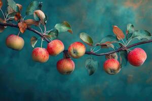 Ripe red apples hanging on branch with water droplets in orchard photo