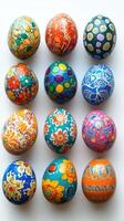 Twelve colorful hand-painted easter eggs forming a square on white background photo