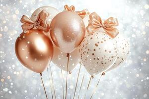Bunch of peach and ivory balloons with glitter bow on silver bokeh background photo