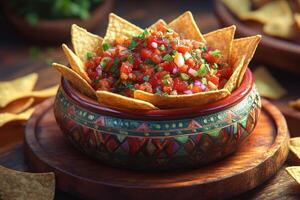 Delicious salsa with tortilla chips in colorful bowl enhancing mexican culinary tradition photo