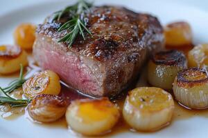 Grilled beef steak with roasted onions and rosemary on white plate photo