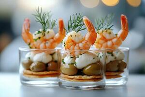 Delicious shrimp appetizers served in small glass cups with crackers, olives and cheese cream for christmas dinner photo