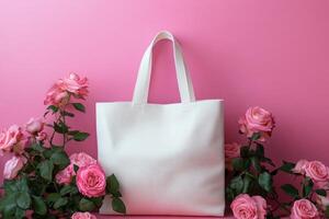 White shopping bag standing between pink roses on pink background photo