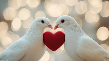 Two white doves sharing love and showing affection with red heart photo