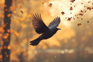 Blackbird flying through falling autumn leaves at sunset photo