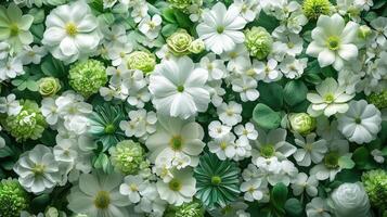 White flowers and green leaves creating a stunning floral background photo